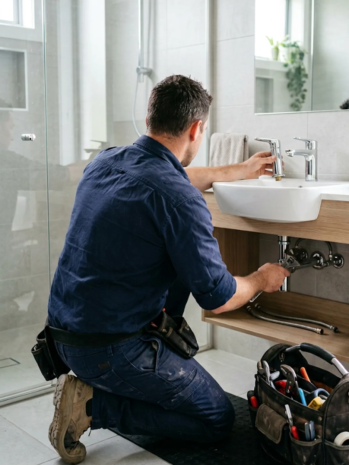 Plumber installing a chrome mixer tap on a bathroom basin