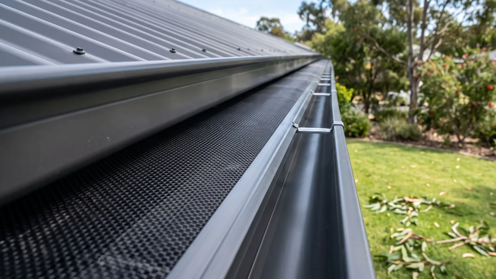 Freshly cleaned roof gutter with new gutter guard mesh