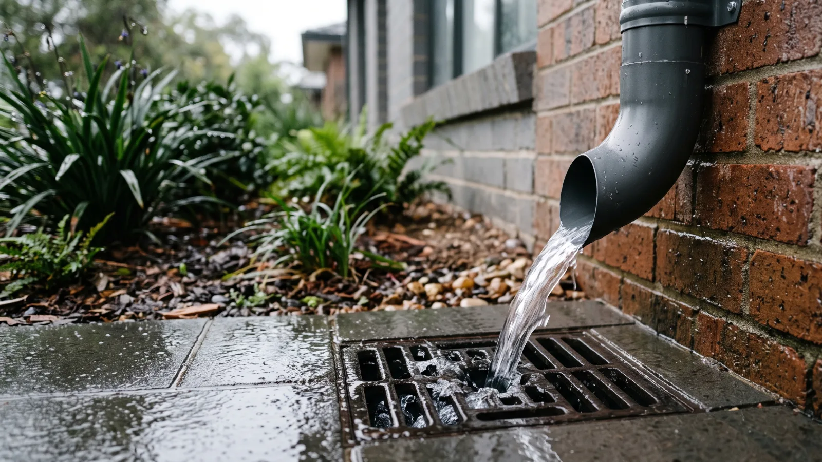 Rainwater flowing from a downpipe into a stormwater drain