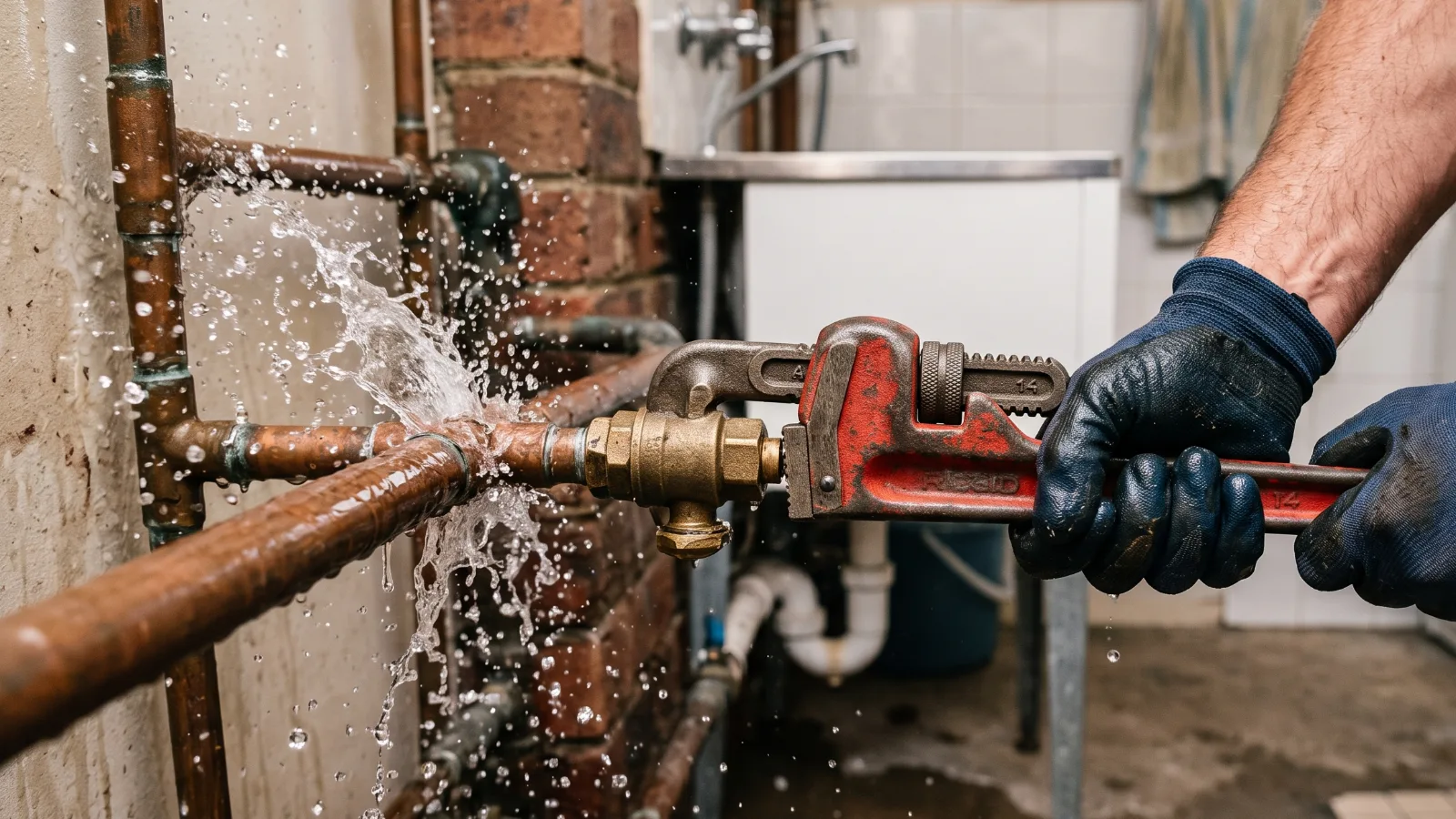 Gloved hands closing a shut-off valve on a burst copper pipe