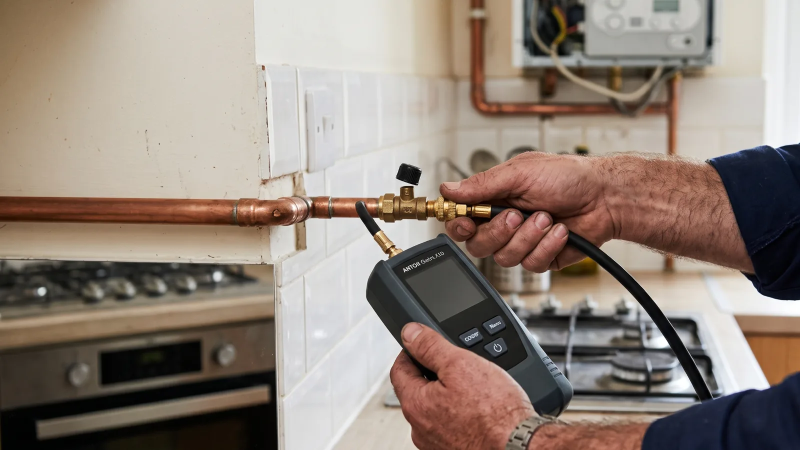 Hands connecting a manometer pressure gauge to a copper gas line