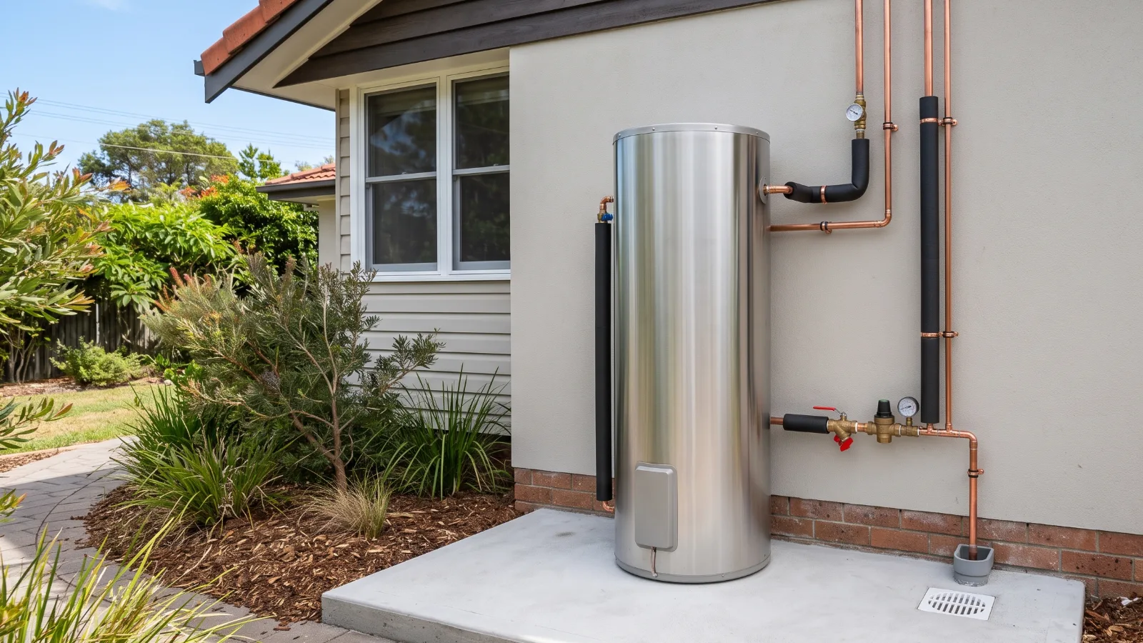 New stainless steel hot water system installed with tidy copper pipework