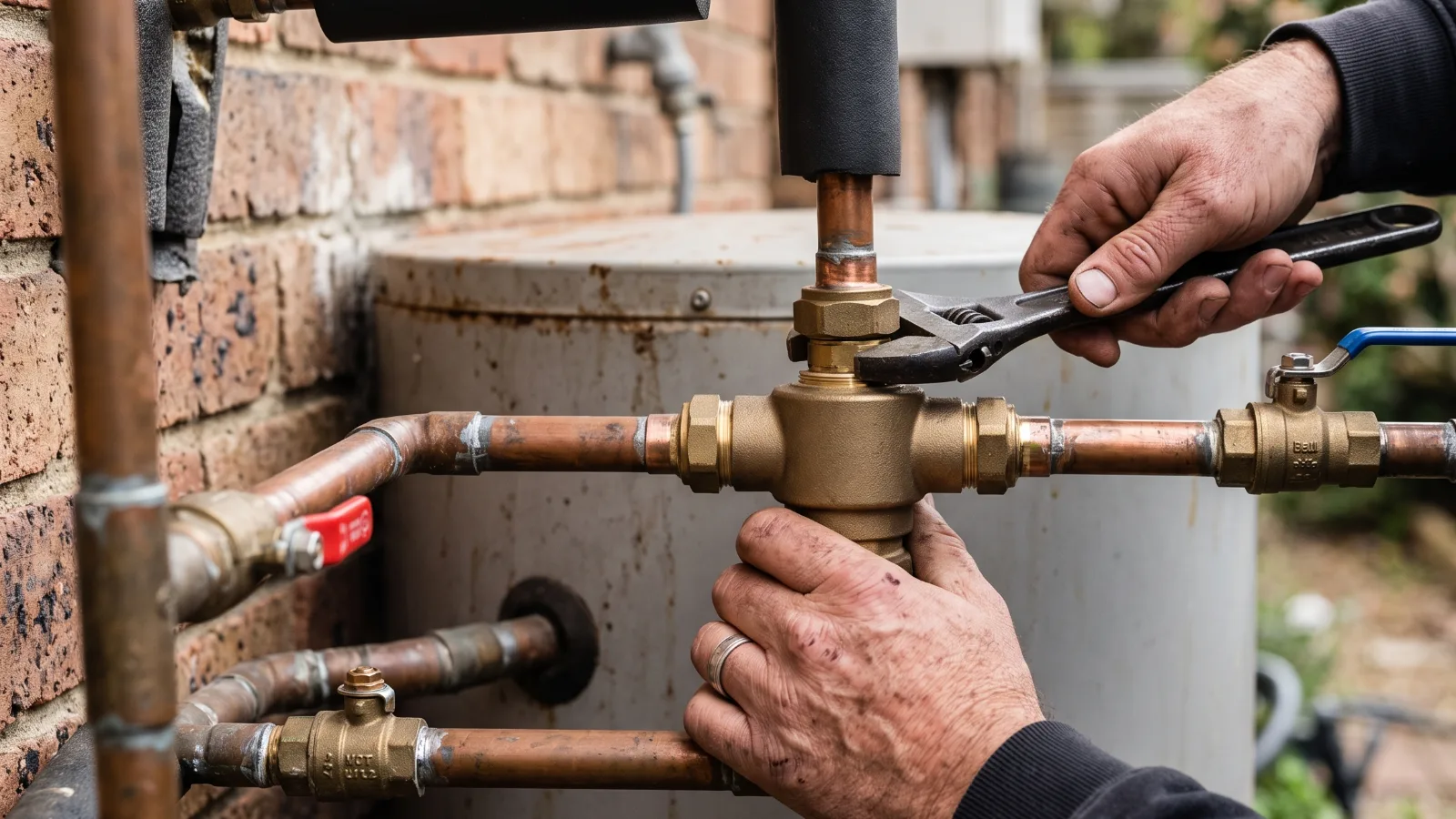 Hands adjusting the brass tempering valve on a hot water system