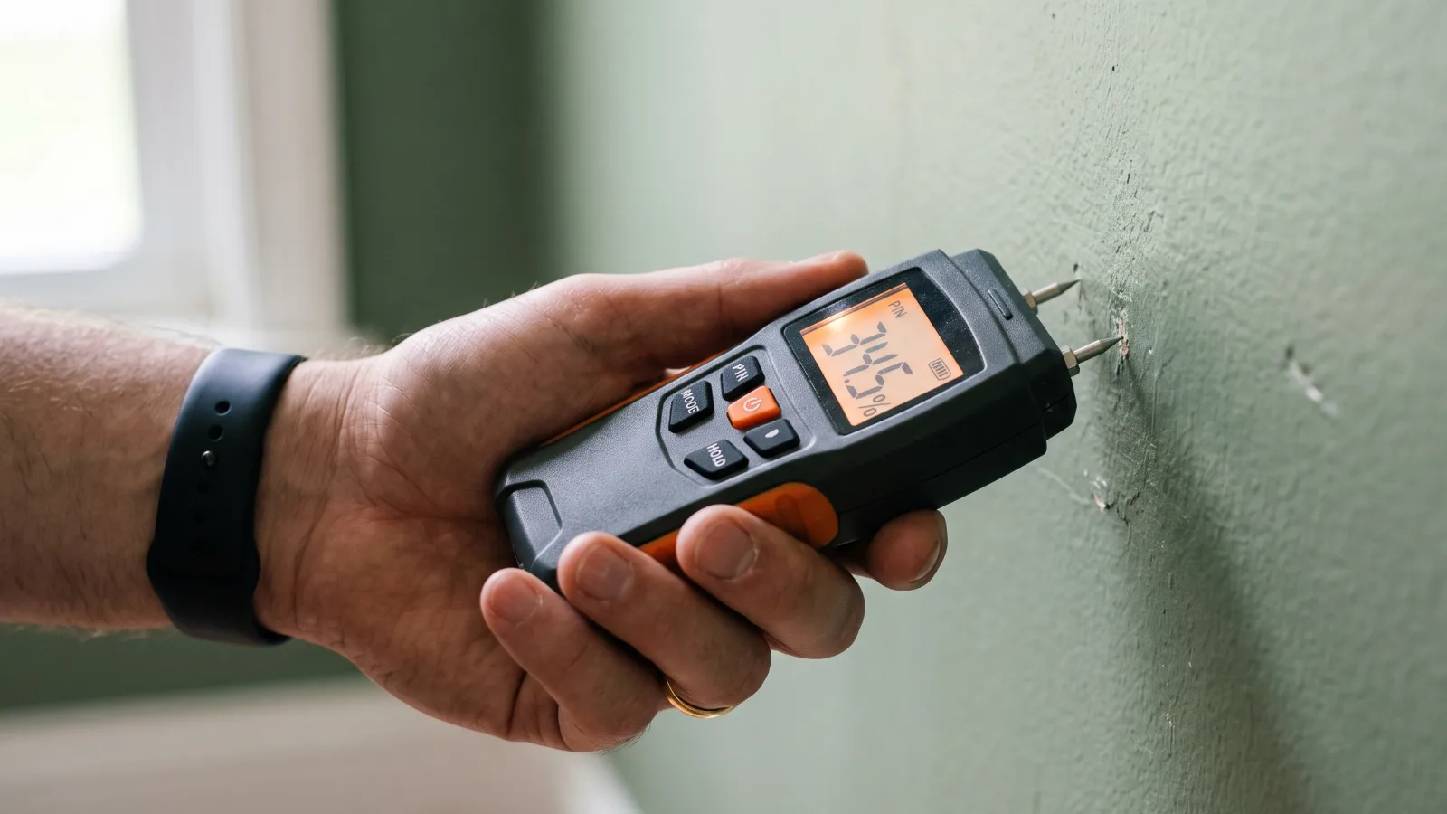 Hand holding a moisture meter against an interior wall