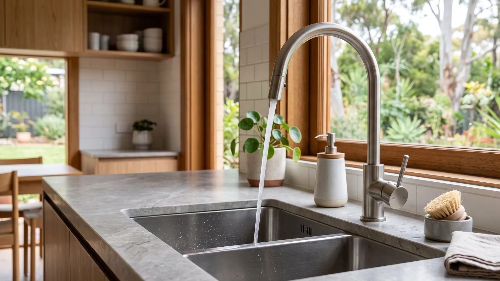 New brushed nickel mixer tap running in a finished kitchen