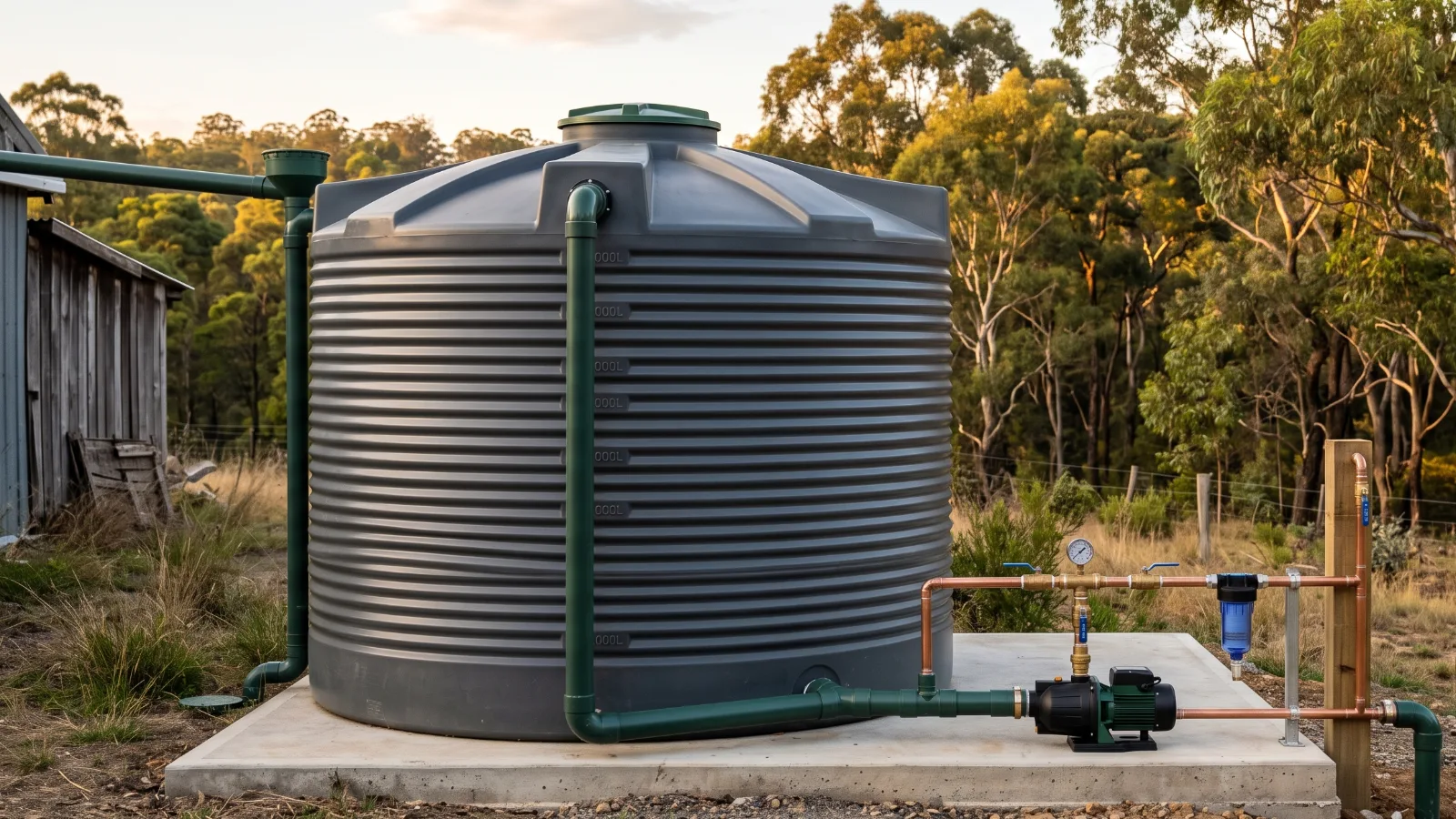 Poly rainwater tank with pressure pump and pipework connections