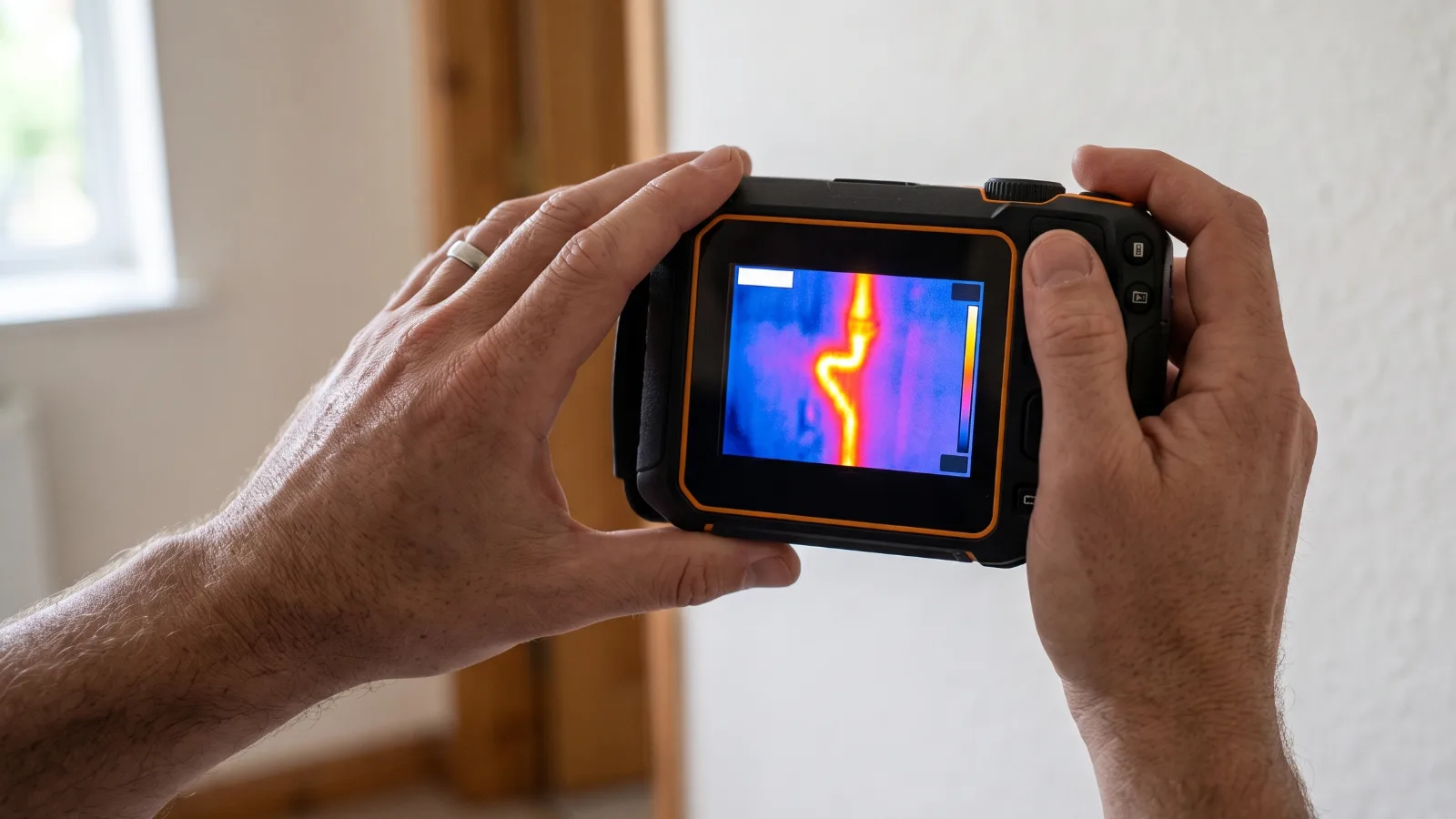 Hands holding a thermal imaging camera tracing a hidden pipe in a wall
