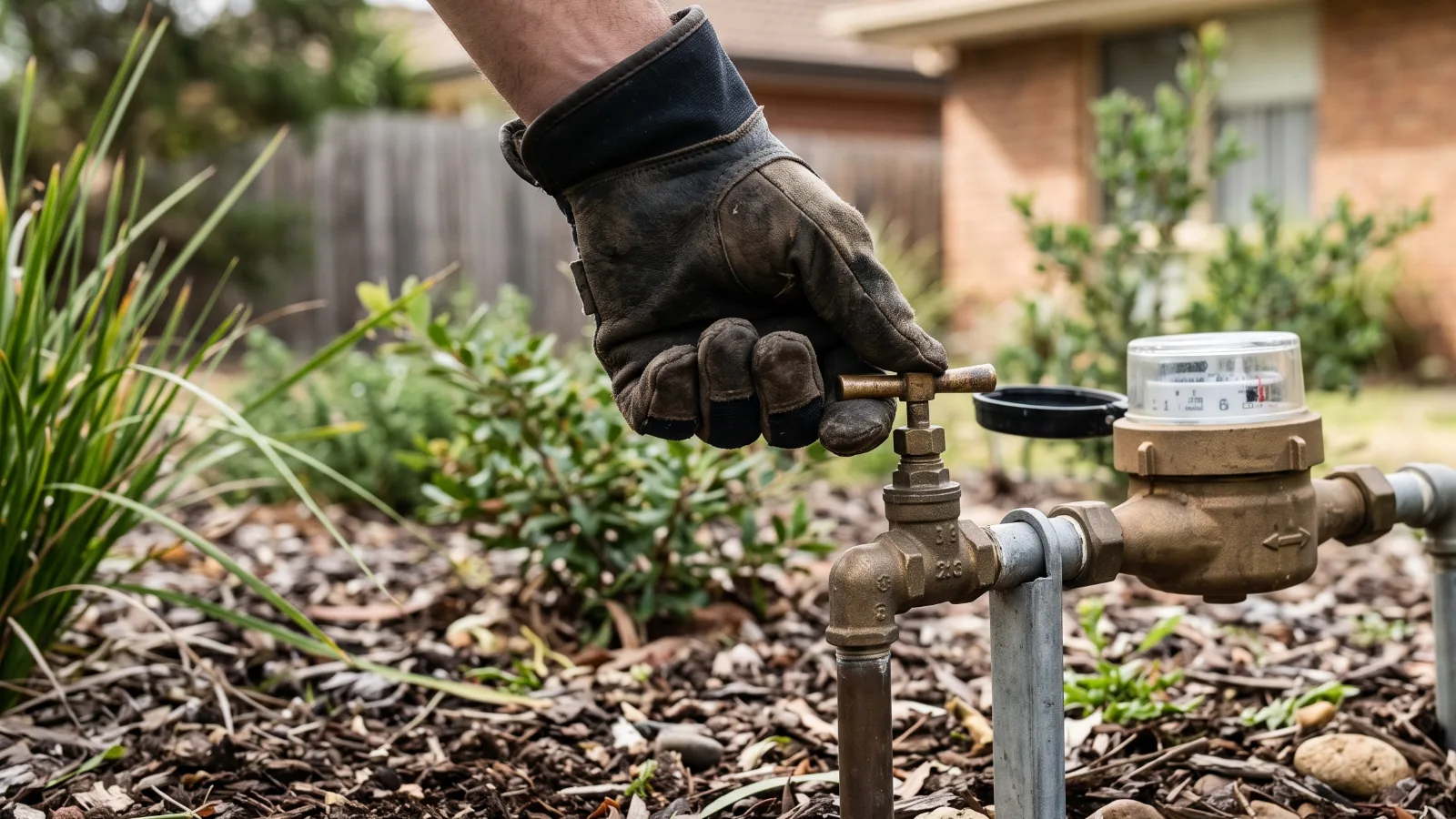 Gloved hand turning the shut-off tap at a residential water meter